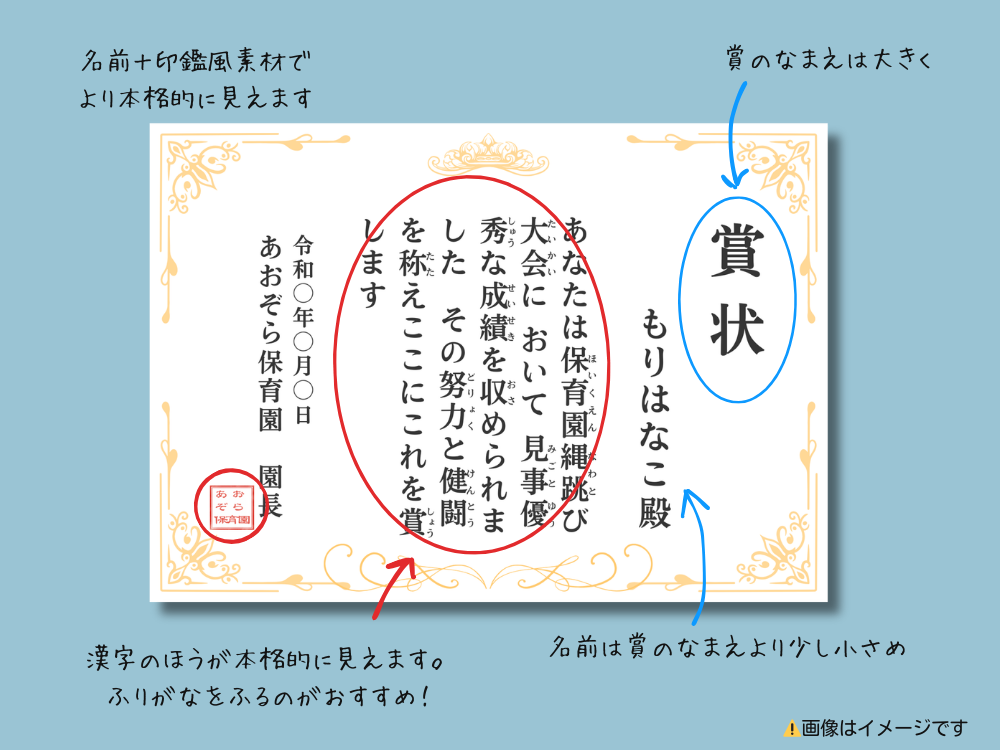 賞状テキストの基本の配置